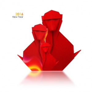 2016 new year simbol origami red fire monkey family on a white background